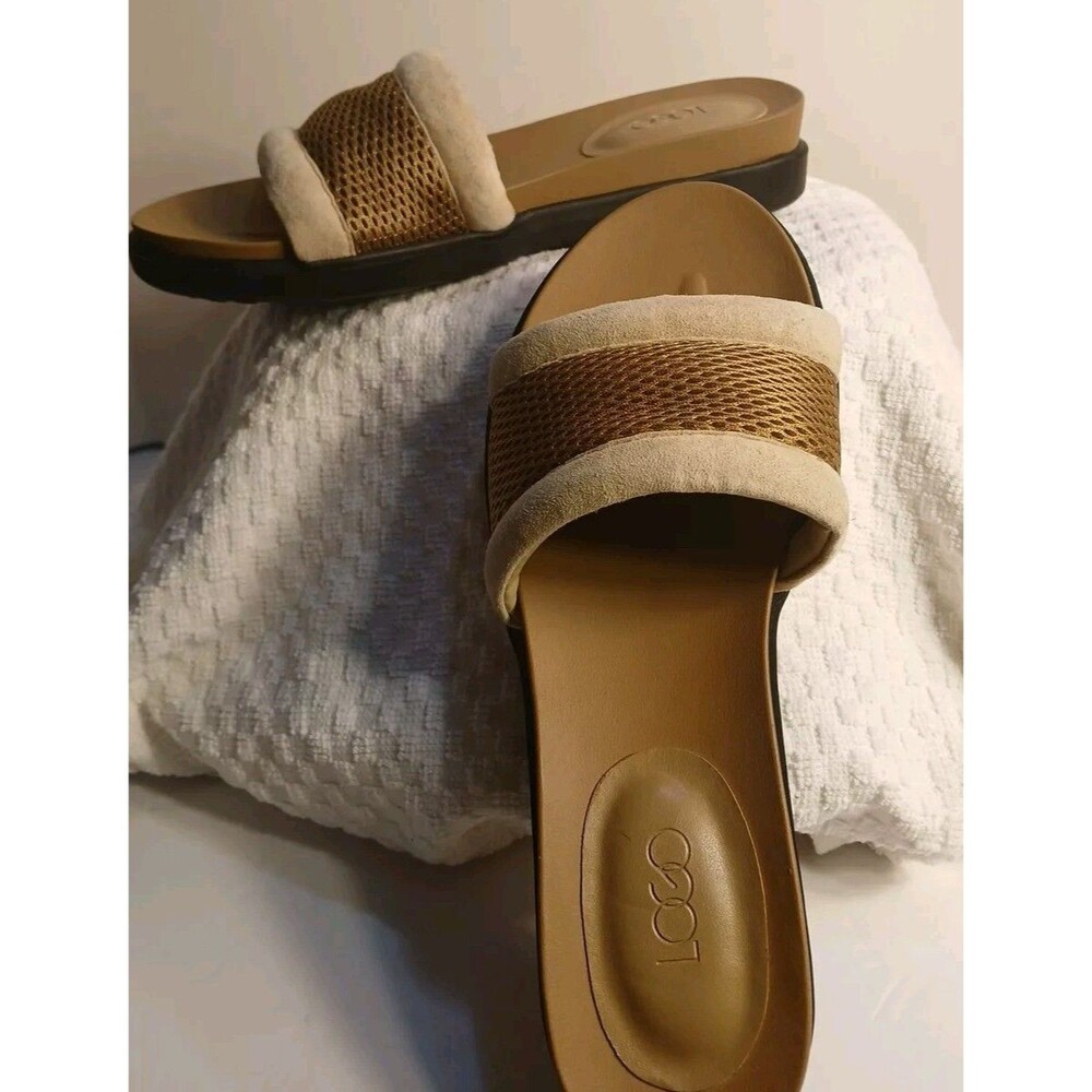 LOGO Lori Goldstein Toffee Melanie Mesh Band Slides Footbed Leather Sandal 6.5M